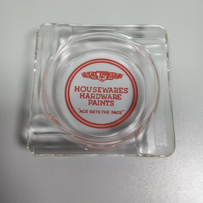 #ad Vintage Ace Hardware Glass Ashtray Red Logo Housewares Paints Clear Square 3in $10.00