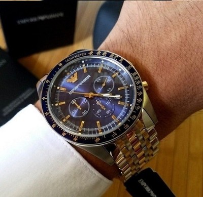 EMPORIO ARMANI HERREN UHR AR8030 BICOLOR SILBER GOLD ARMBAND & BLAUES ZIFFERBLATT ORIGINAL