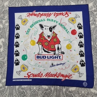 Vintage 80er Bandana Spuds MacKenzie Bud leichter Hund Schal 21'' x 21'' Made in USA