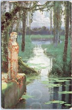 Artistic Antique Postcard Enrique Serra Roma Statue Landscape River Trees