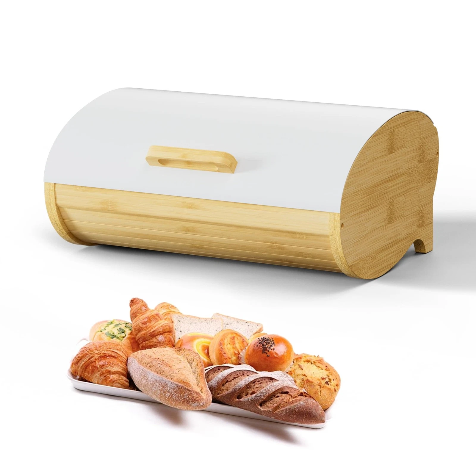 Modern Bread Box for Kitchen Countertop, Bamboo Storage Container with Stainl...