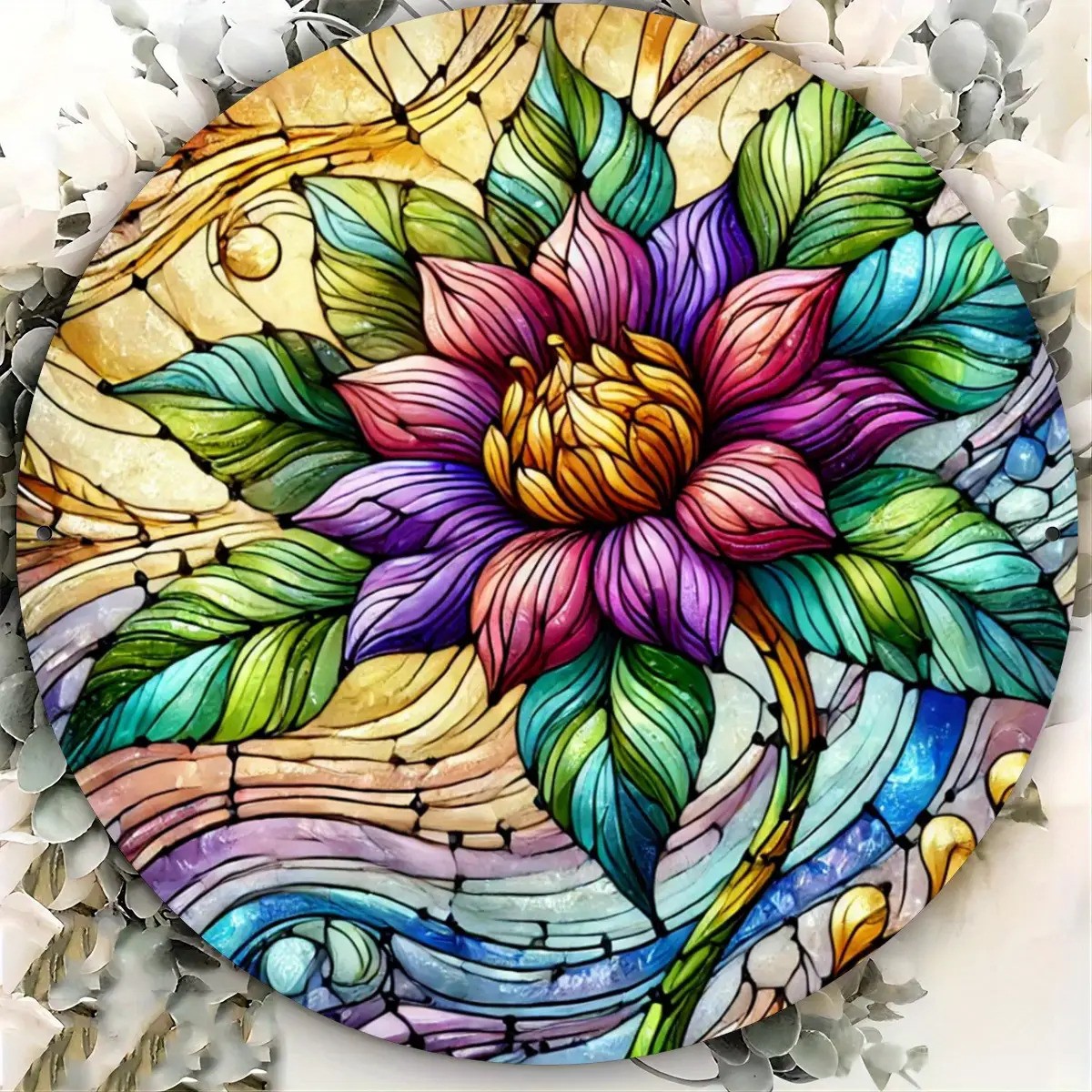 Colorful Plant Theme Round Aluminum Metal Wall Art