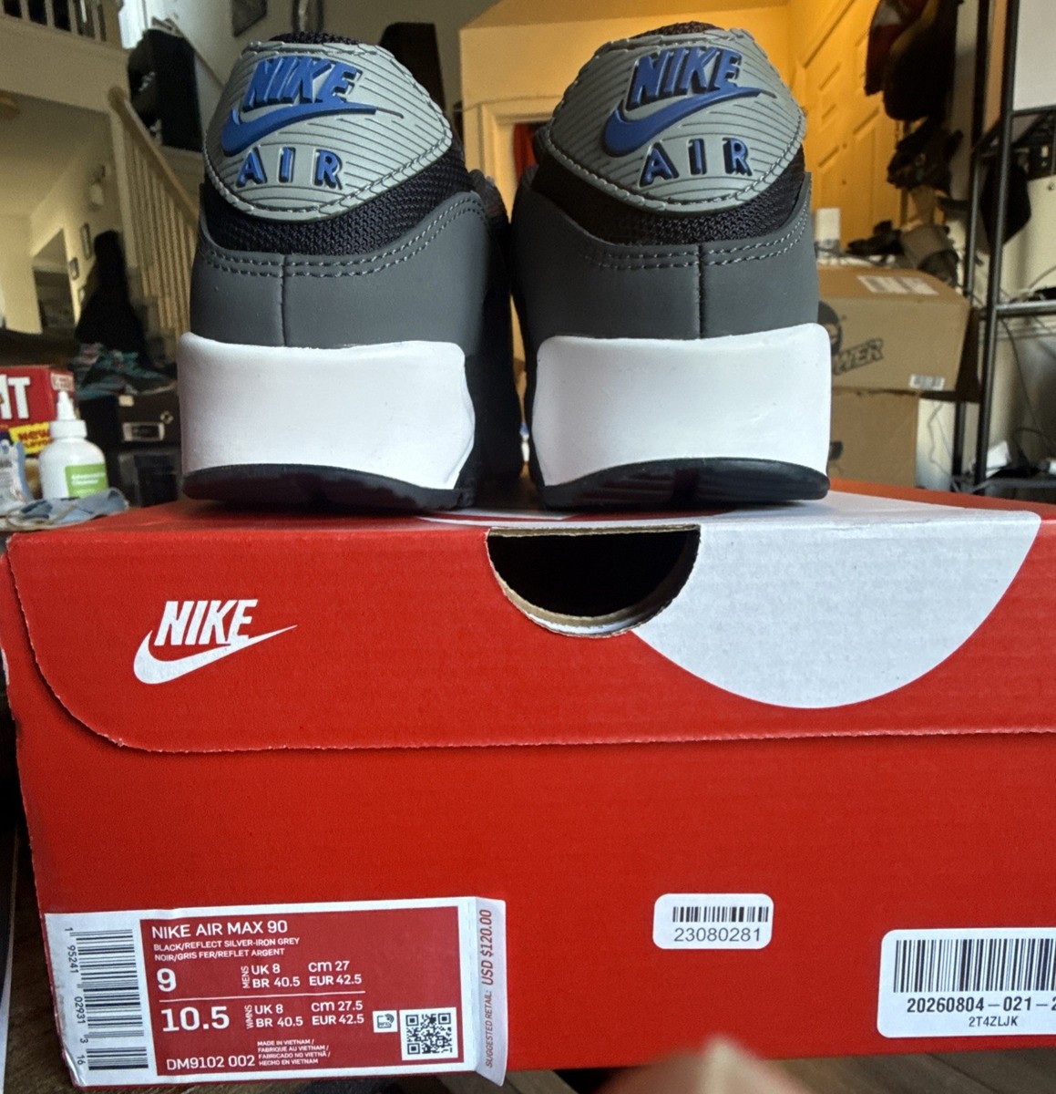 Size 9 Men's Nike Air Max 90 Sneakers DM9102-002 Black/Reflect Silver/Iron Grey — product photo 11 of 13