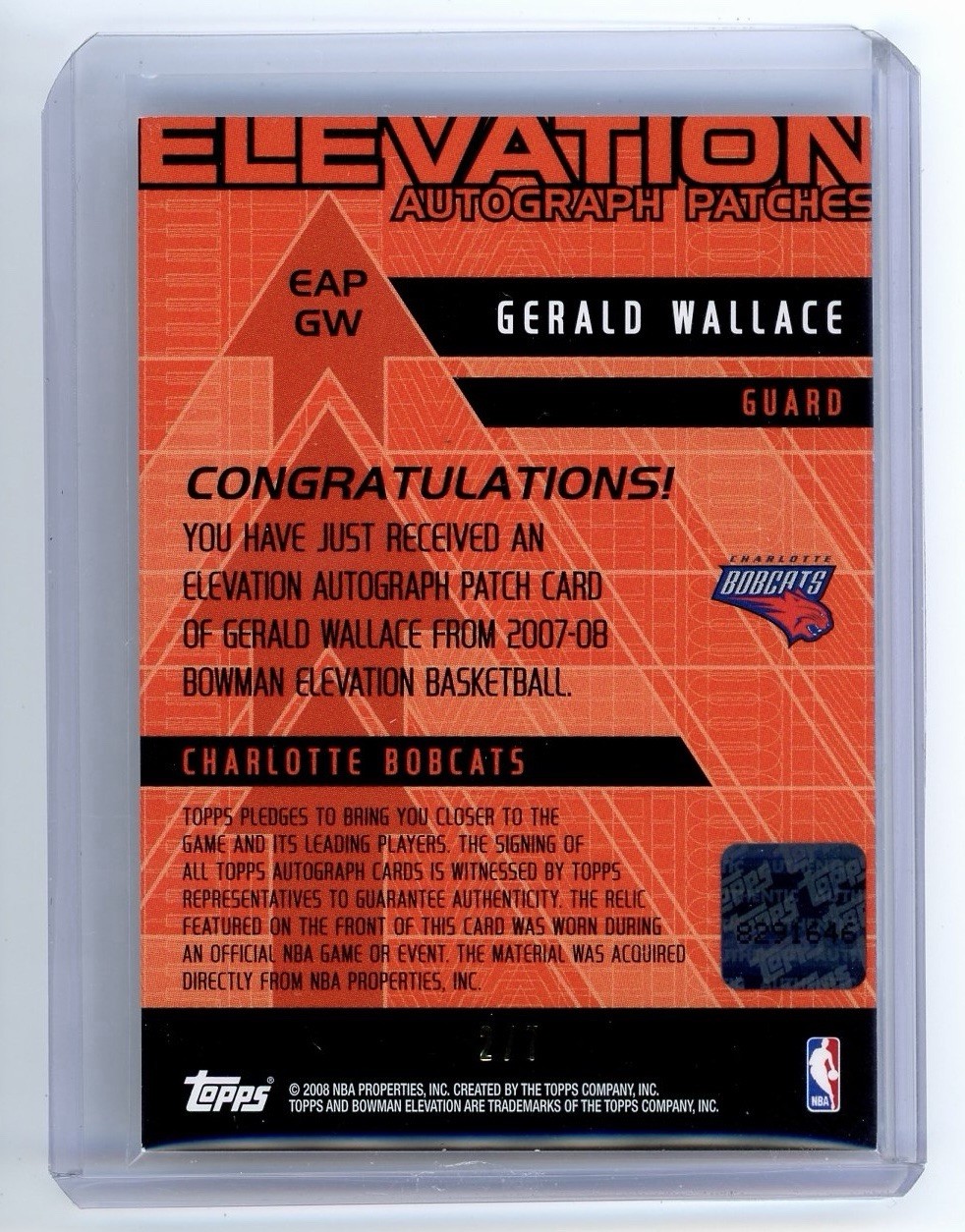 2008 Bowman Topps Elevation Gerald Wallace Prime Patch Auto SP /7 Rare view 2