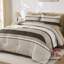 Comforter Set Size, 7 Piece Bed in a Bag Light Beige Striped Bed Queen Brown