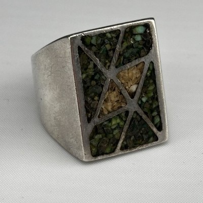 VTG Sterling Geometric Design w/ Crushed Stone Inlay 22.16mm Sz 10.25 Ring 16.3g