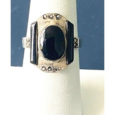 EDWARDIANISCHER STIL RING MEHRFARBIG 925 STERLINGSILBER UND ONYX GRÖSSE 7,75 SKY