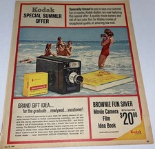 Vintage 1960s Paper AD Kodak Brownie Fun Saver Movie Camera Beach MCM Prop