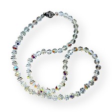 Vintage Aurora Borealis Crystal Necklace, 23" AB Glass Beads, Box Clasp