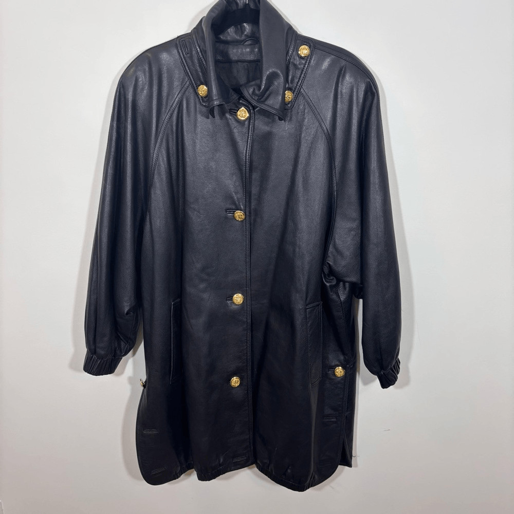 Givenchy Black Leather Coat XXL gold button closure thumbnail 3