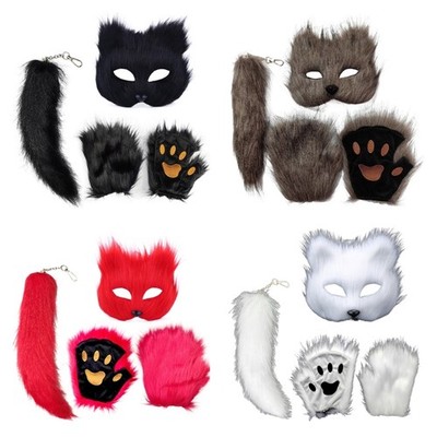 Foxes Tail Animal Face Cover Paws Gloves Plush Foxes Face Cover for Halloween