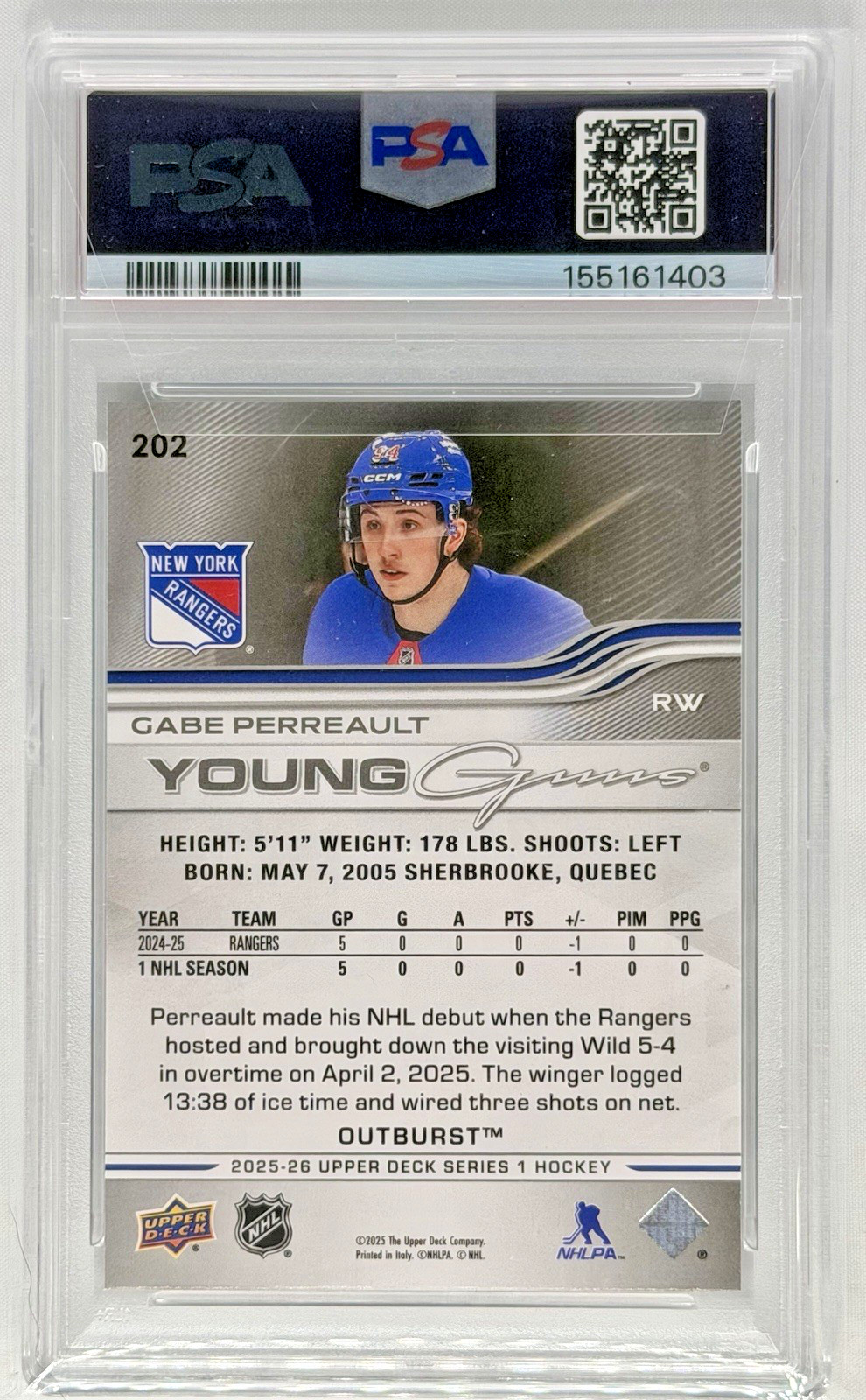 2025-26 Gabe Perreault Upper Deck Young Guns Outburst Rookie RC PSA 10 Rangers view 3