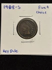 1908-S Indian Head Cent 1c FINE+/VF BN Key Date Coin, Original Patina