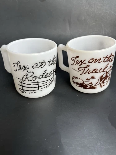 VTG Tex Ritter Milk Glass Mug Cup Hazel Atlas '50s Rodeo Trail Cowboy Set of 2