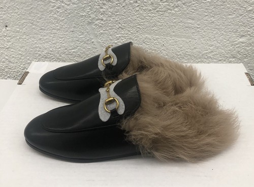 GUCCI 5 US 35 EU Princetown Fur Mule Horsebit Loafer Leather Black J179