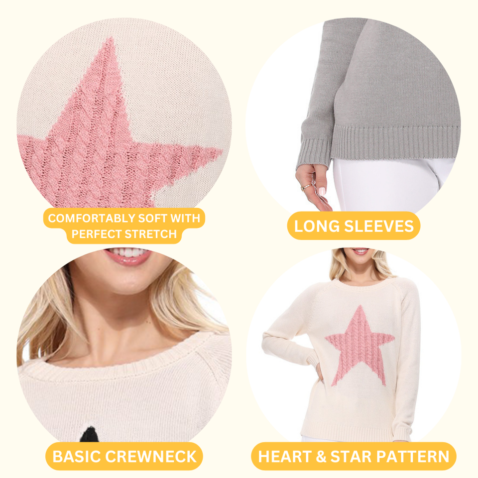 YEMAK Women's Knit Sweater - Long Sleeve Crewneck With Heart & Star Cable Pattern (Soft Casual Pullover)