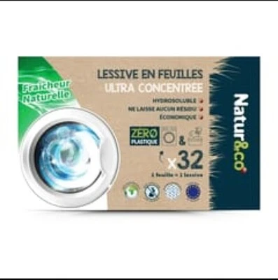 NATUR&CO Lessive 32 Feuilles Ultra Concentrée | Fraîcheur Nature | 0 Plastique - Photo 1/3