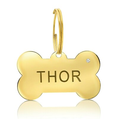 Personalized Dog Tag Cat 18k Gold Plated 0.03Ct Diamond Engraving ID Custom 