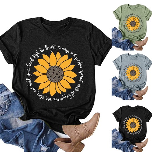 Women Casual Sunflower Printing Shirts Round Neck Short Sleeve Tee Tops Tunic
