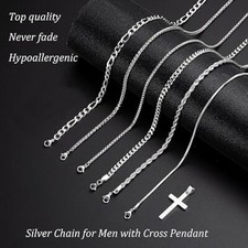 Silver Chain for Men, 7 Pcs Stainless Steel Cross Chain Men Necklace Jewelry Set