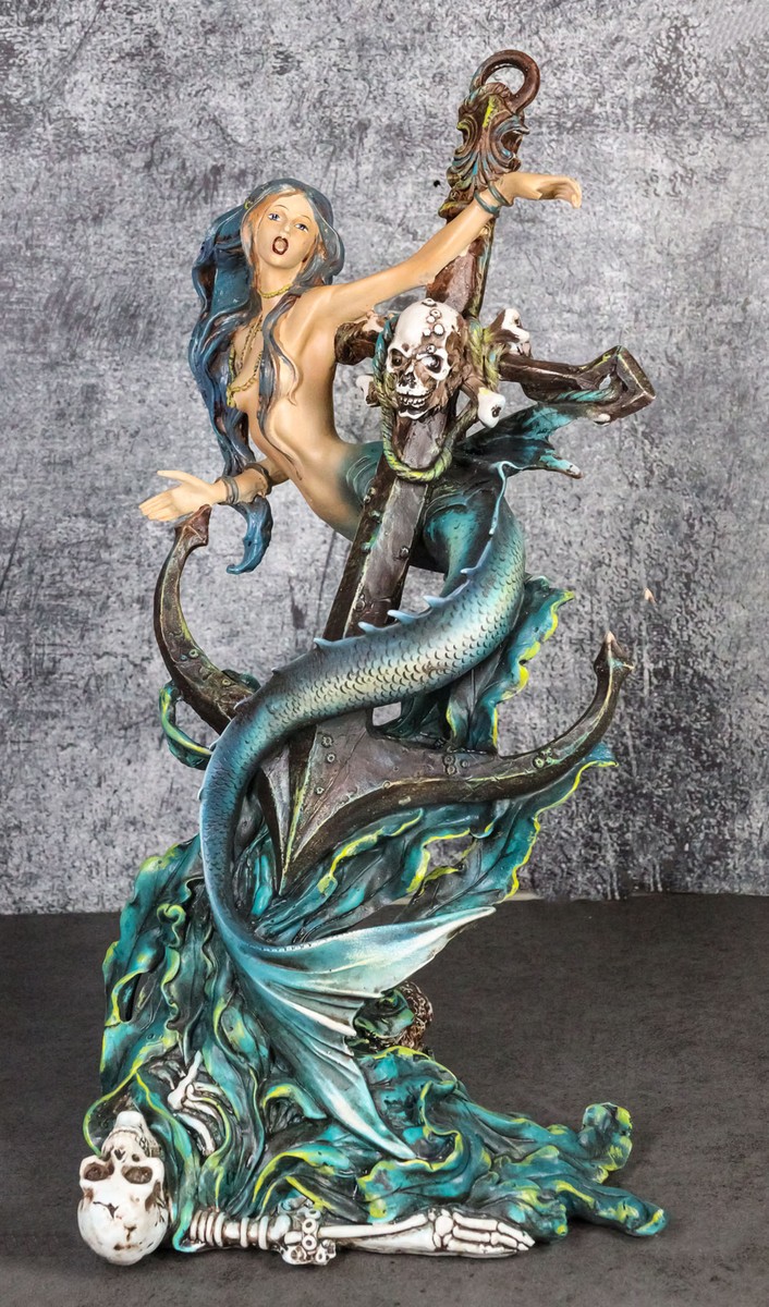Siren Mermaid Holding Ship Anchor with Skulls On Ocean Waves Home
