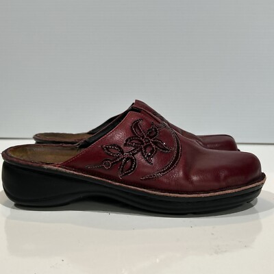 NAOT Red Leather Embossed Floral EU 38 US Slip On Mules Clogs Comfort  Shoes