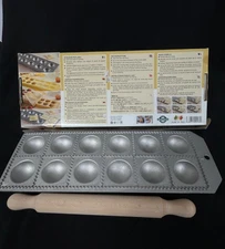 Ravioliera Ravioli Maker Wood Mini Rolling Pin 12 Pasta Metal Mold in Box Italy