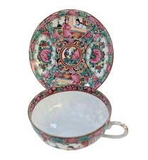 4 Chinese Rose Medallion Cups and Saucers Hand Painted in Hong Kong