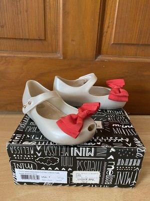 Mini Melissa Ultra Sweet BB Mary Jane flache Schuhe Baby Mädchen UK 6 weiß rot Schleife