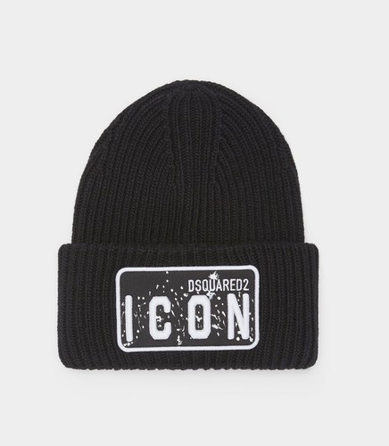 DSQUARED2 ICON Splash Wool Beanie Hat Black White Made In Italy NWT