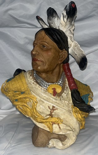 PLASTER 14” Chalk Ware NATIVE AMERICAN Indian WARRIOR Hand Painted BUST Statue