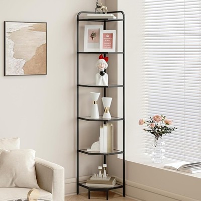 Corner Shelf Stand, 6-Tier Glass Bookshelf Bookcase, Bathroom Organizer, Plan...