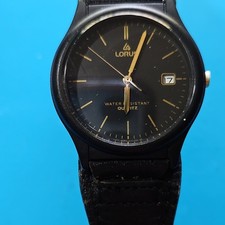 Lorus Quartz Analog Wristwatch Black Dial Leather Strap Water Resistant Date