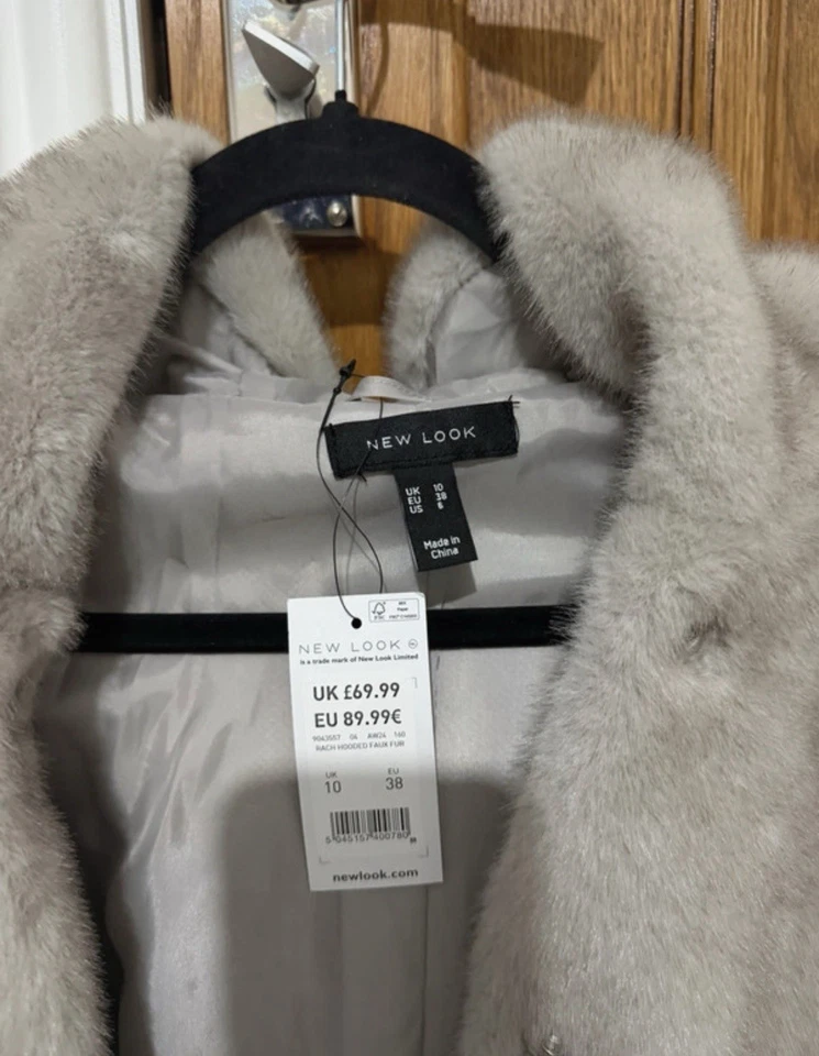Winter Fur Coat New Look Size S Grey Faux Fur Hood Long Sleeve - Image 3 of 3