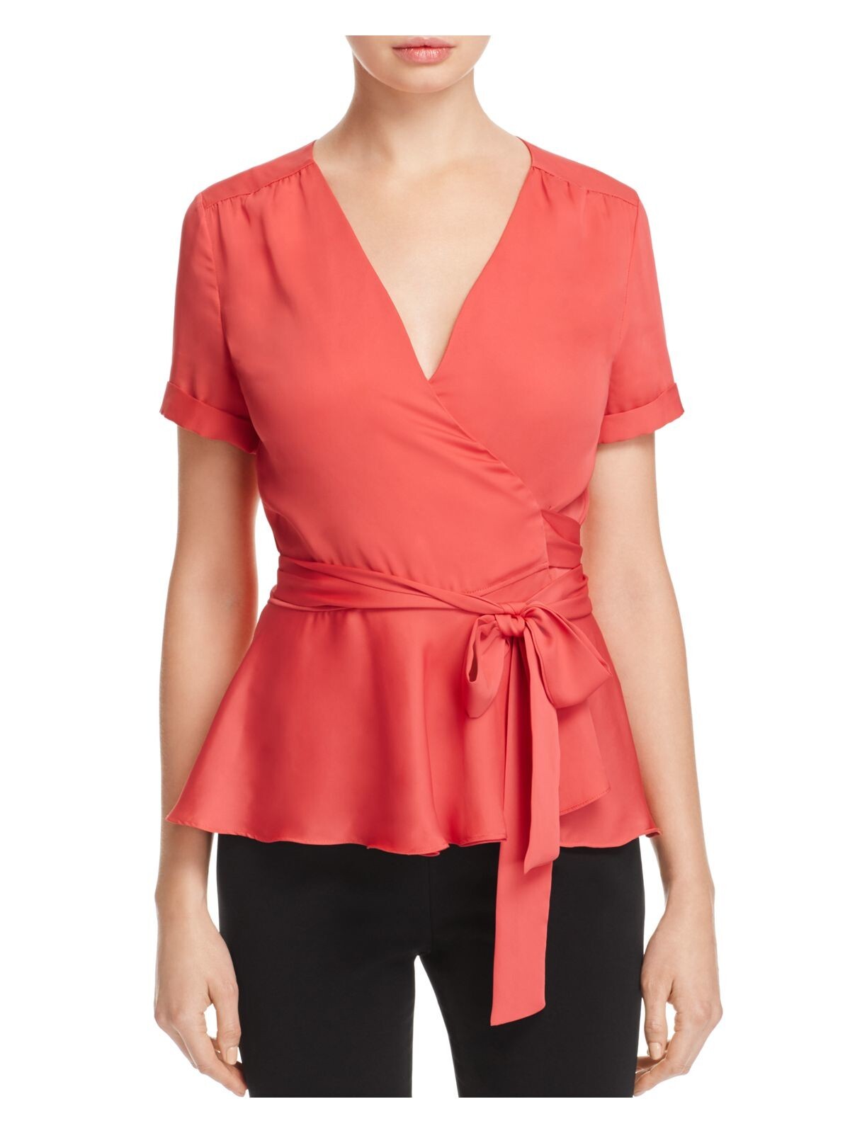 LACADEMIE Womens Coral Wrap V Neck Short Sleeve Top XS