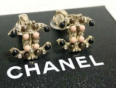 CHANEL earrings black pink stone light gold plating Coco mark shape vintage  used