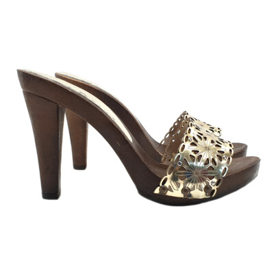 Holzschuhe Stirnband Leder Perforiert Farbe Gold Und Basis Schokolade - K22401