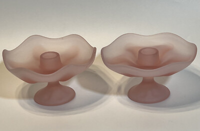 Pair Viking 6 Petal Epic Pink Satin Glass Ruffled Single Candlesticks
