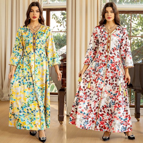2024 Women Muslim Printed Abaya Dress Islamic Clothing Dubai Party Jalabiya Gown - Picture 2 of 40