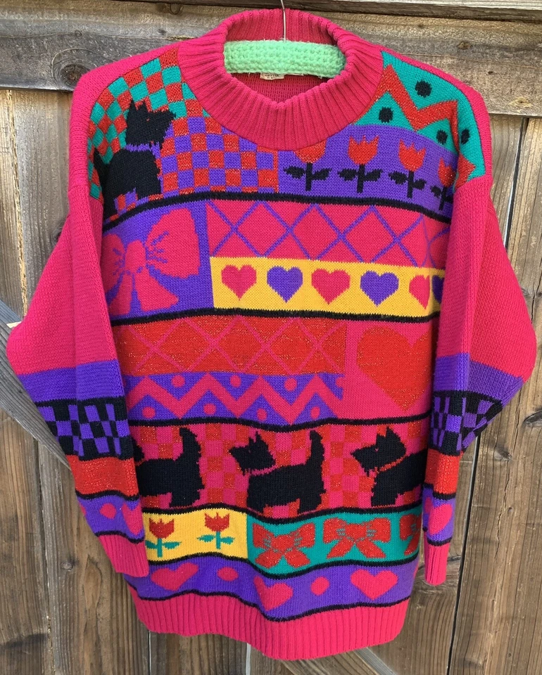 复古丙烯酸 luex 毛衣 Scottie 狗心花朵蝴蝶结几何 80 年代 20 世纪 80 年代 — 第 2/4 张图片