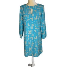 Tahari Graphic Geo Print Crepe de Chine Shift Dress Keyhole Turquoise size 4