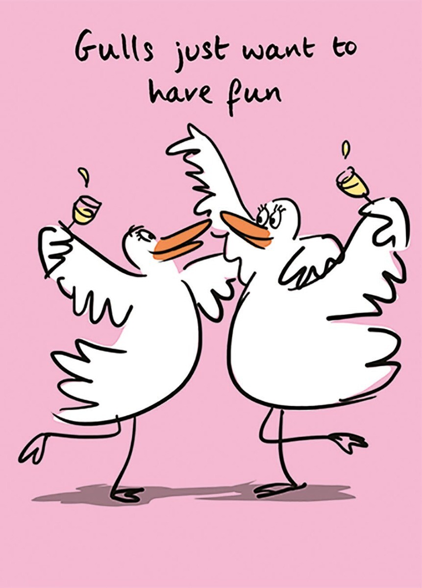 Funny Gulls Just Want To Have Fun Greetings Card - Lucilla Lavender Design