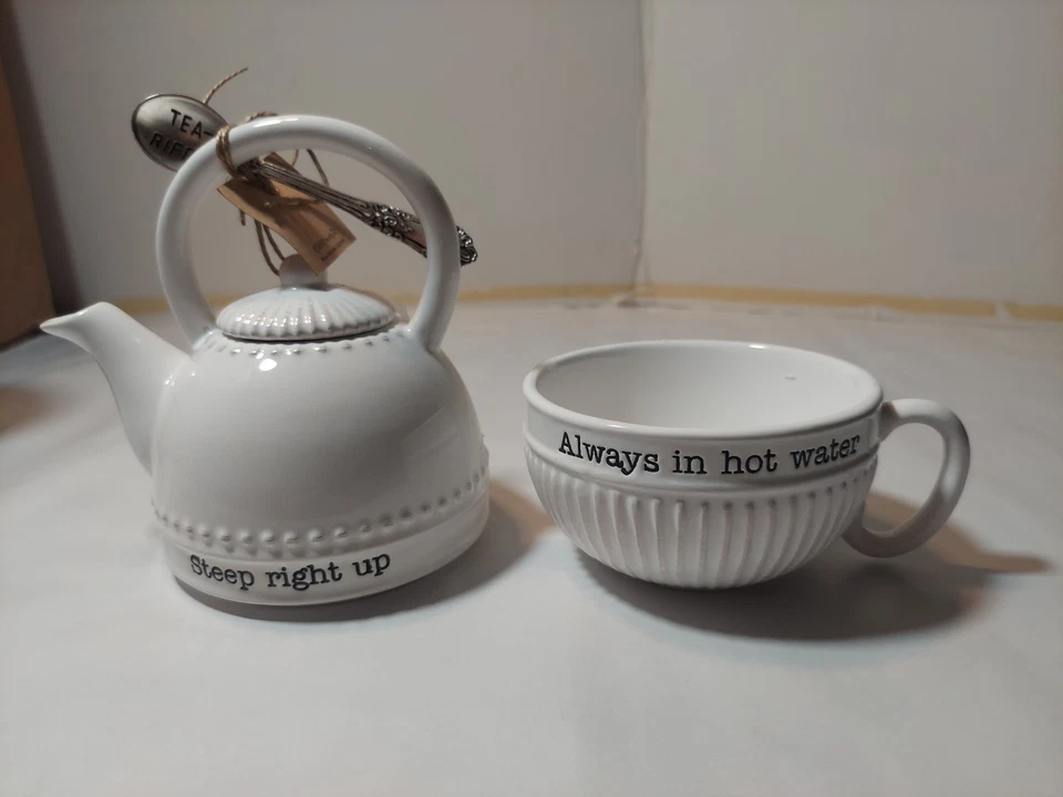 Mud Pie Tea Pot & Tea Cup Set w/ Spoon Steep Right Up Always In Hot Water New - Image 2 of 4