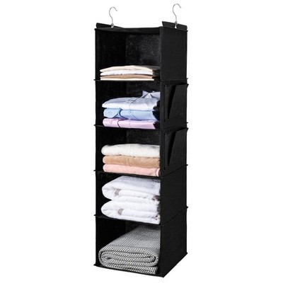 5Shelf Hanging Closet Organizer Foldable Storage 2 Side Pockets Black