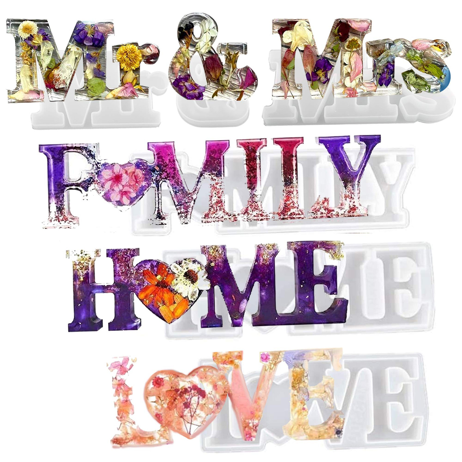 4 Pcs Letters Resin Molds, Mr & Mrs Love Home Family Sign Crystal Resin Casti...
