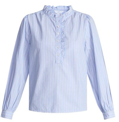 TIME and TRU Lt Blue Stripe Button Ruffle Pheasant Blouse Multi-Sizes #15013-019