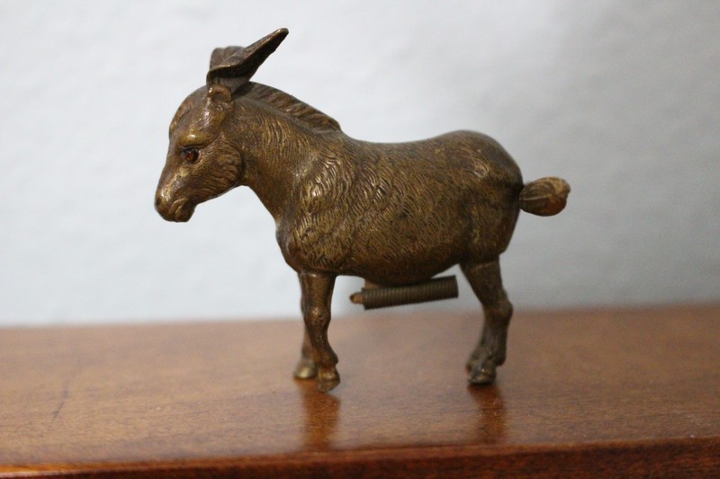 Antique Victorian Bronze Donkey Figural Tape Measure Tail Crank Sewing Democrat