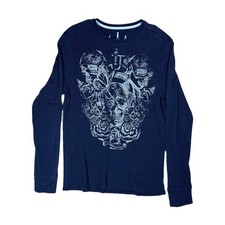 Buffalo David Bitton Thermal Shirt Men L Navy Blue Good Skull Graphic Long