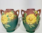 Vintage Pair 1940's Roseville Pink And Green Peony Vases. Yellow Flowers. 58-6