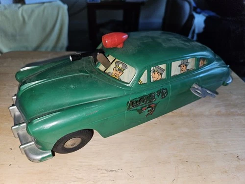 Vintage 1950s MARX Windup (W/ Key) Police Car Green Plastic Hudson Car "WORKS!"